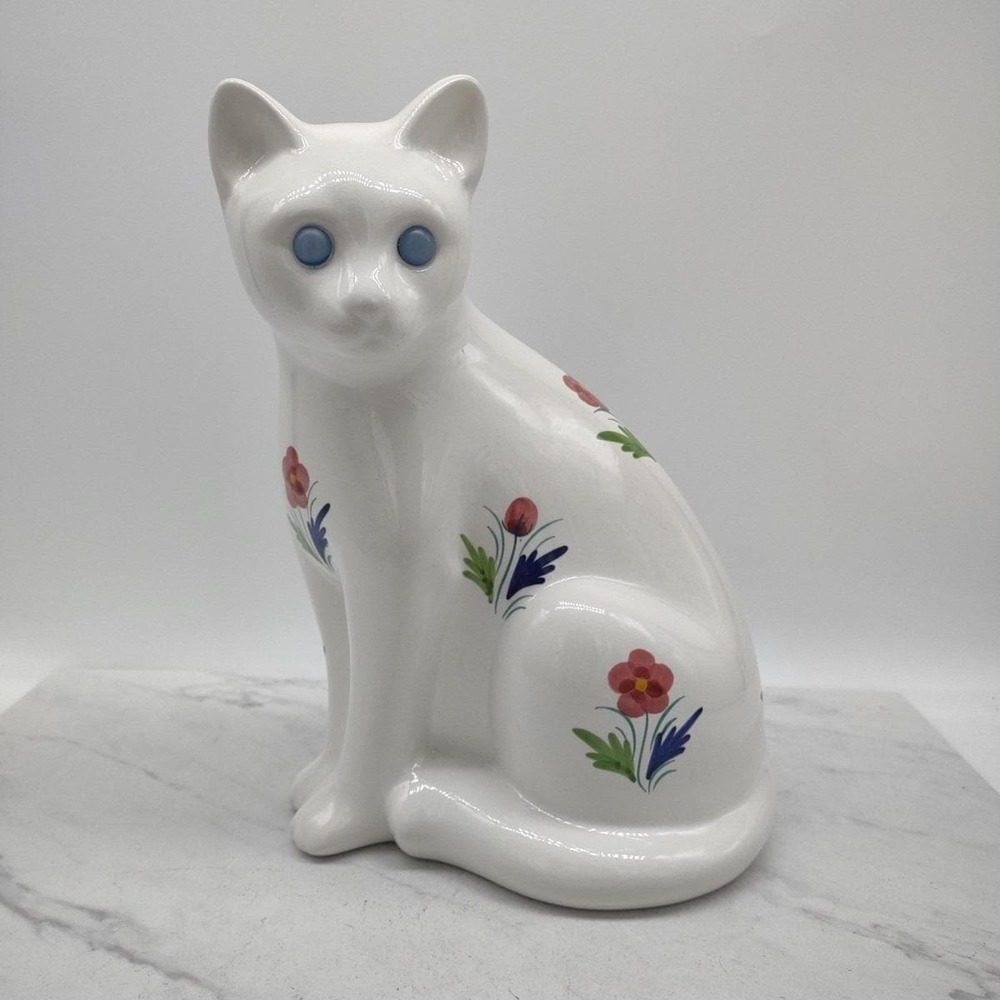 Cat Al Cobaca Portugal White Ceramic Painted Spring Flowers Blue Jewel Eyes Cat